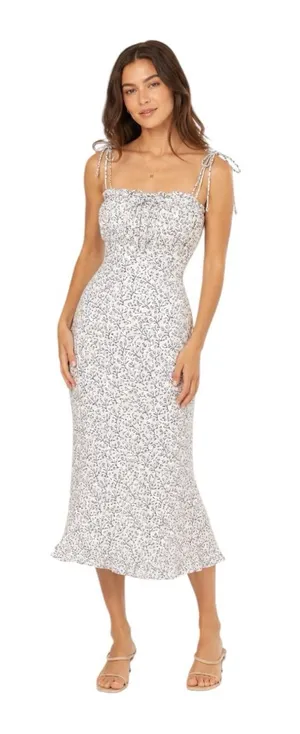 Cleobella - Floral Smocked Midi Dress White Blue Self-Tie Strap Sz M thumbnail 1