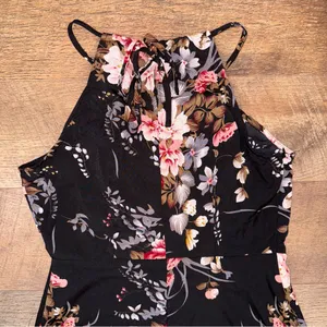 SheIn Black and Pink Floral Print Split Thigh Halter Maxi Dress with Slit thumbnail 6