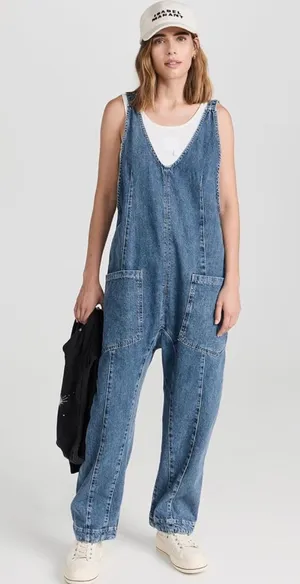 Free People Boho Denim Jeans Jumpsuit Blue Oversize Size XS thumbnail 1