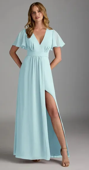 Azazie Zaniah bridesmaid dress Sea Glass green wrap chiffon flutter sleeve A4 thumbnail 1
