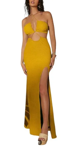 Fashion dress maxi cut out split thigh high halter neck yellow Medium NWT thumbnail 1