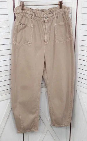 Zara High Rise Barrel‎ Leg Paper Bag Crop Jeans Baggy Beige Peach 12 thumbnail 1