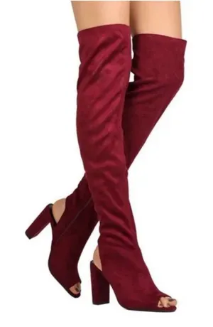 Brand New Womens Bamboo Wine Crushed Velvet Thigh High Peep Toe Boots - Sz 8 thumbnail 1