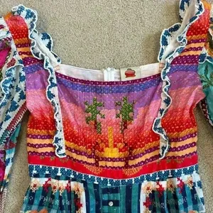 Farm Rio Summer Vibe Romper Ruffled Embroidered Square Neck Patchwork Size M thumbnail 4