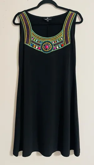 Vintage 90’s Ronni Nicole Black Boho Chic Sleeveless Mini Dress Beaded Neck Sz 8 thumbnail 1
