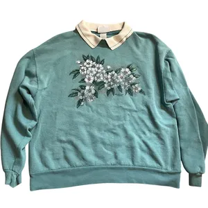 Vintage grandma collar sweatshirt white flower green size med thumbnail 1