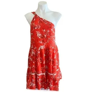 FREE PEOPLE All Mine Red Floral One Shoulder Ruffle Hem Mini Dress Size XS thumbnail 4