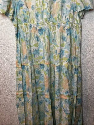 Floral V-Neck Linen Blend Cottagecore Maxi Dress in Pastel Blue & Green thumbnail 3