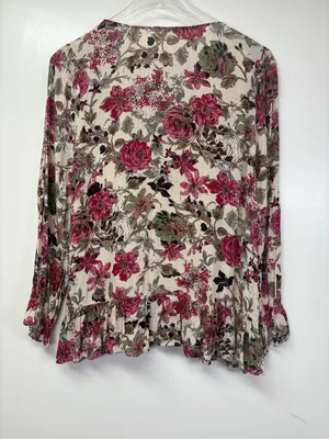 Entro Women's Sz L Floral Lace Boho Cream Pink Bell Sleeve Top thumbnail 3