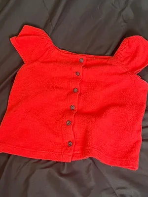 Madewell Texture & Thread Red Smocked Puff Sleeve Button Front Crop Top thumbnail 3