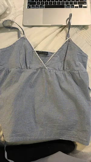 Brandy Melville Top Gingham Blue White Tie Back thumbnail 1