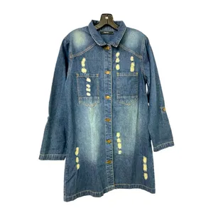 Woman Distressed Denim Jacket Shirt Dress Medium Medium Wash Long Sleeve thumbnail 2