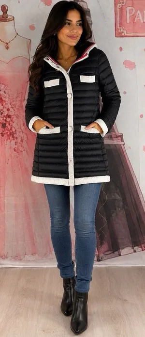 Kate Spade New York Quilted Puffer Jacket Ivory Black Trim Pearl Buttons XSMALL thumbnail 1