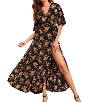 Lulus Black and Gold Wrap Maxi Dress Medium thumbnail 1