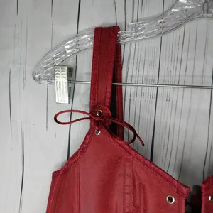 Charmian Renisssnce Red Faux Leather With Boning Corset Top with Zipper And Lace thumbnail 4