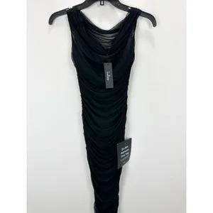Lulus Sunama Black Mesh Ruched Bodycon Midi Dress Cocktail Party XS NWT thumbnail 7