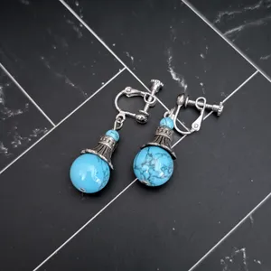 Vintage Clip On Earrings Silver Tone & Turquoise Tone Dangle Ball - Statement thumbnail 2
