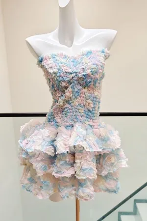 Women Pastel Strapless Mini Dress 3D Floral Ruffle Tiered Skirt Smocked Bodice Twisted Front thumbnail 1