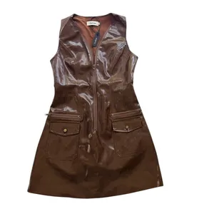 Chocolate Brown Eco Leather Zip-Front Mini Dress NEW Utility Pockets Size Small thumbnail 2
