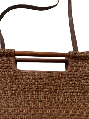 Fossil 75082 Brown Woven Raffia Tote Wood Handle Crossbody Bag One Size Women's thumbnail 4