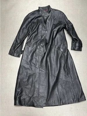 Vintage Black Leather Trench Coat Women Size L Good Longline Matrix Goth‎ thumbnail 1