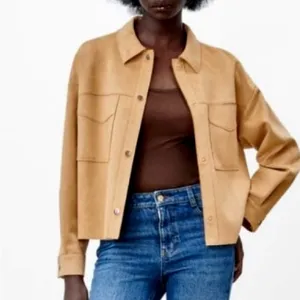 Zara NWT tan camel faux suede collared button front shirt jacket shacket thumbnail 6