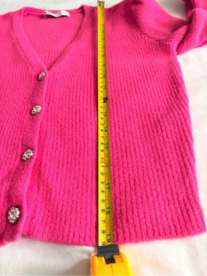 ZARA Hot Pink Fuchsia Cropped Ribbed Cardigan Rhinestone Buttons M thumbnail 8
