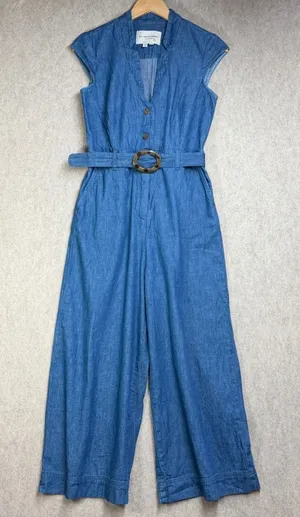 Pilcro and the Letterpress Anthropologie‎ Blue Denim Wide Leg Belted Jumpsuit 2 thumbnail 1