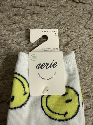 Aerie White Neon Yellow Smiley Face Design Crew Socks NWT thumbnail 3