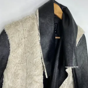 FC Jeans Women Faux Fur Lined Moto‎ Jacket Black Cream Sz 6 Sherpa Vegan Leather thumbnail 4