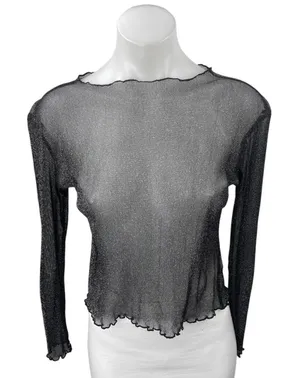 Brandy Melville Womens Black Metallic Mesh Sheer Long Sleeve Crop Cover Up Top S thumbnail 1