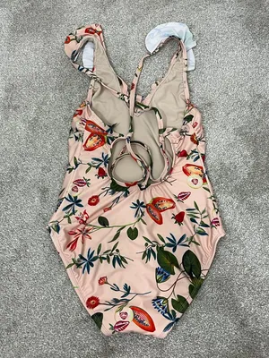 New Free People Medium Pink Peach Floral Ruffle Lace-Up One-Piece Swimsuit thumbnail 5