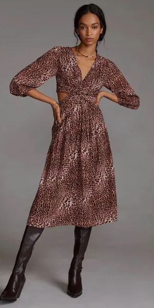 Anthropologie Ranna Gill Dress Midi Leopard‎ Print Cut Out Long Sleeve Size XL thumbnail 1