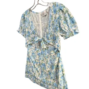 Hello Molly Picnic Loving Mini Dress Women M Blue Floral Smocked Cutout Coquette thumbnail 4