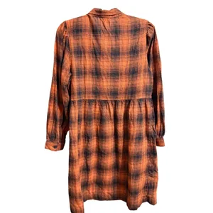 Autumn Inspired Burnt Orange Navy Plaid Button Front Empire Waist Shirt Dress M thumbnail 2