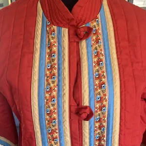Vintage hand made Red Quilted Jacket with Floral Stripes. Size Large? thumbnail 2