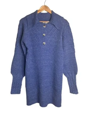 Umgee Cable Knit Sweater Dress Cobalt Blue Medium Stretch Pointed Collar NWT thumbnail 1