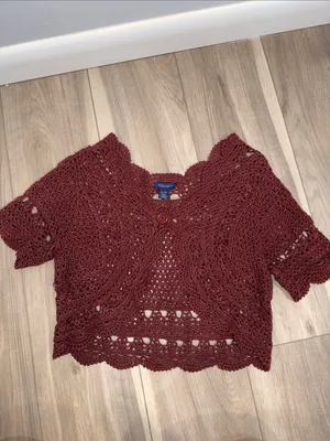 American Eagle crochet knit Y2K burgundy brown open weave shrug size medium thumbnail 4