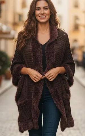 Scarf Shawl Wrap w/ Faux Fur Edging and Pockets Brown Knit CTF Choose the Future thumbnail 1