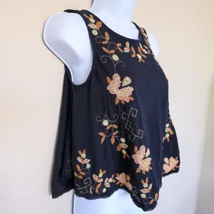 Free People Embroidered Swing Tank Top Women XS Navy Blue Floral Open Back Boho thumbnail 14