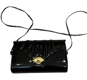 Vintage 80s Black Patent Leather Handbag Pleated Design Gold Shell‎ Closure thumbnail 1