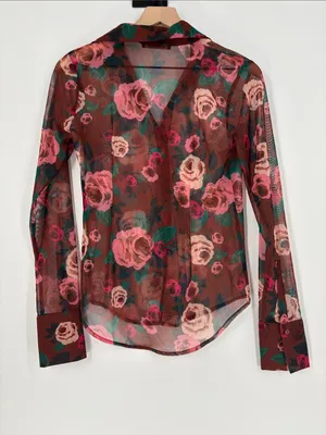Olivacious sheer brown floral button down top small thumbnail 4