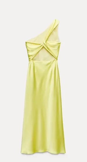 Zara maxi dress satin effect formal wedding asymmetrical lemon yellow wedding thumbnail 9