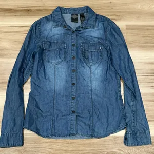 Harley Davidson Blue Long Sleeve Button Up Top Women’s Small thumbnail 1