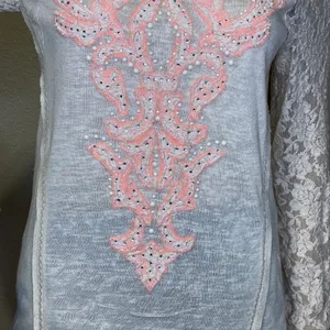 Sheer Long Lace Sleeve Blouse Cream With Coral Applique On Front Size L thumbnail 4