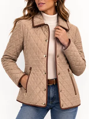 Michael Kors Quilted Jacket Tan Brown Trim Gold Zip Snap Coat Small thumbnail 1