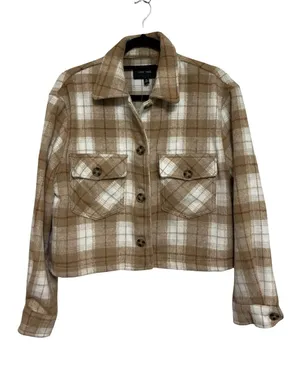 NEW Fall Plaid Cropped Button Down Shacket in Ivory/Tan Clay - Size M thumbnail 1