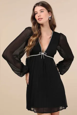 Lulus Stylish Shine Black Rhinestone Bow Long Sleeve Mini Dress Size small thumbnail 1
