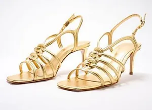 SCHUTZ Octavia Mid Calf Leather Metallic Gold Multi-Strap Slingback Heels 8 thumbnail 1