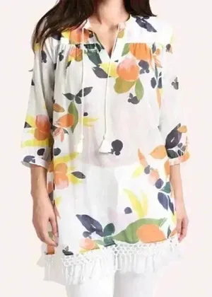 Roller Rabbit Tunic Top Serafina Fruit Print Cotton Gauze Fringe XL‎ Swim Resort thumbnail 1